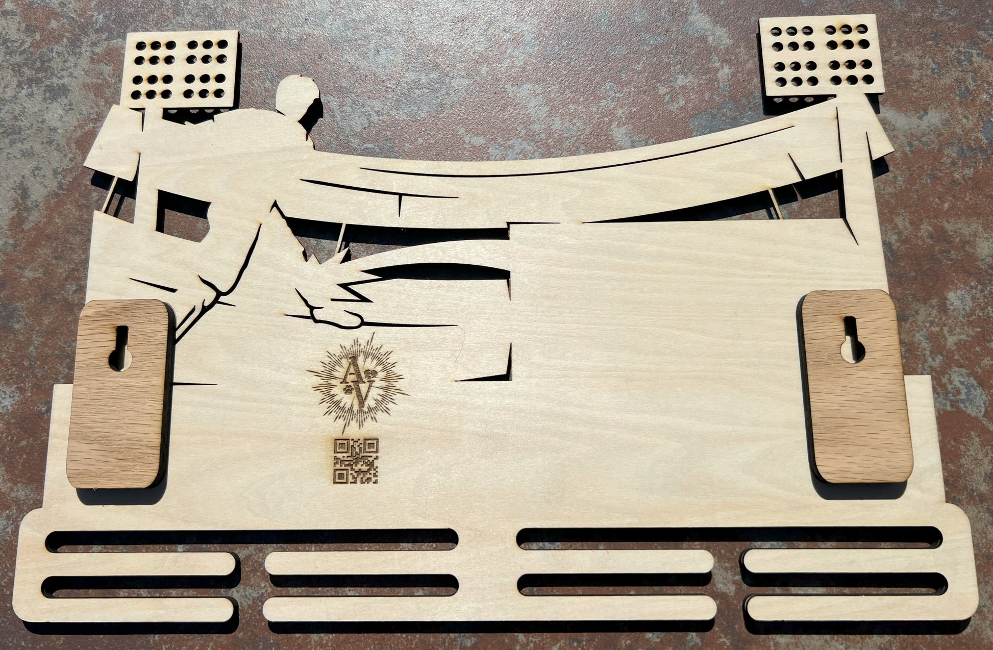 Back of soccer medal display with wall mount.